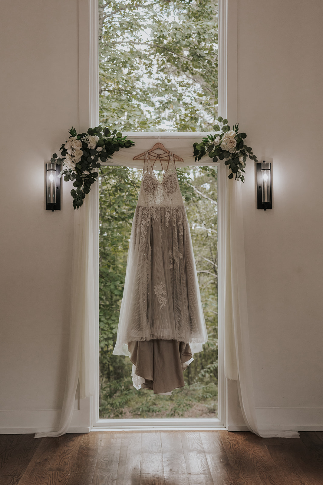 Wedding dress hung up at a Georgia wedding venue