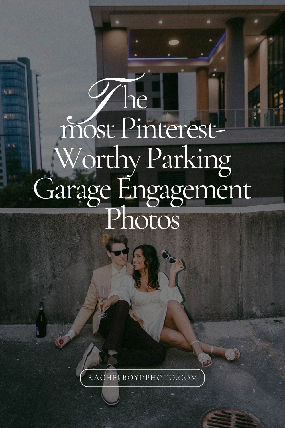 stunning couple pose together on an Atlanta parking garage during their Georgia engagement photoshoot