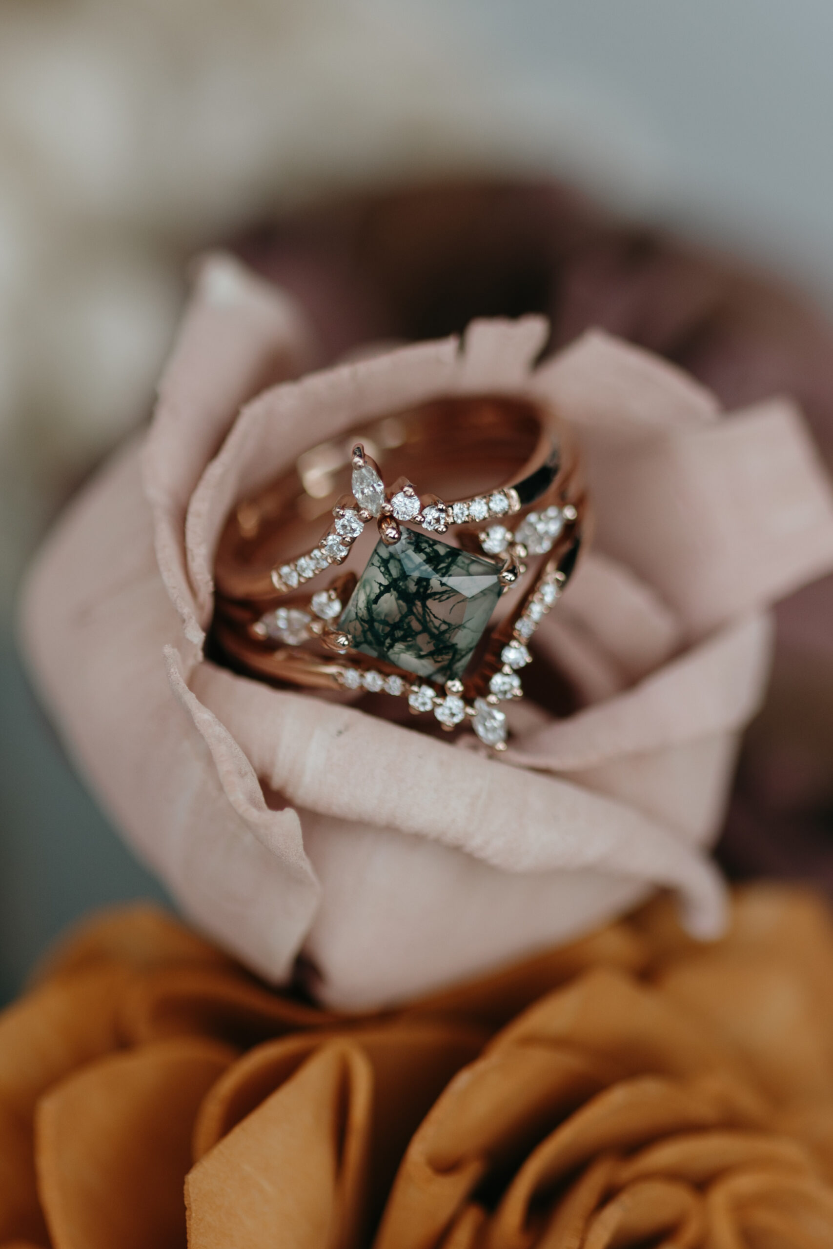 wedding ring laying in a wedding bouquet