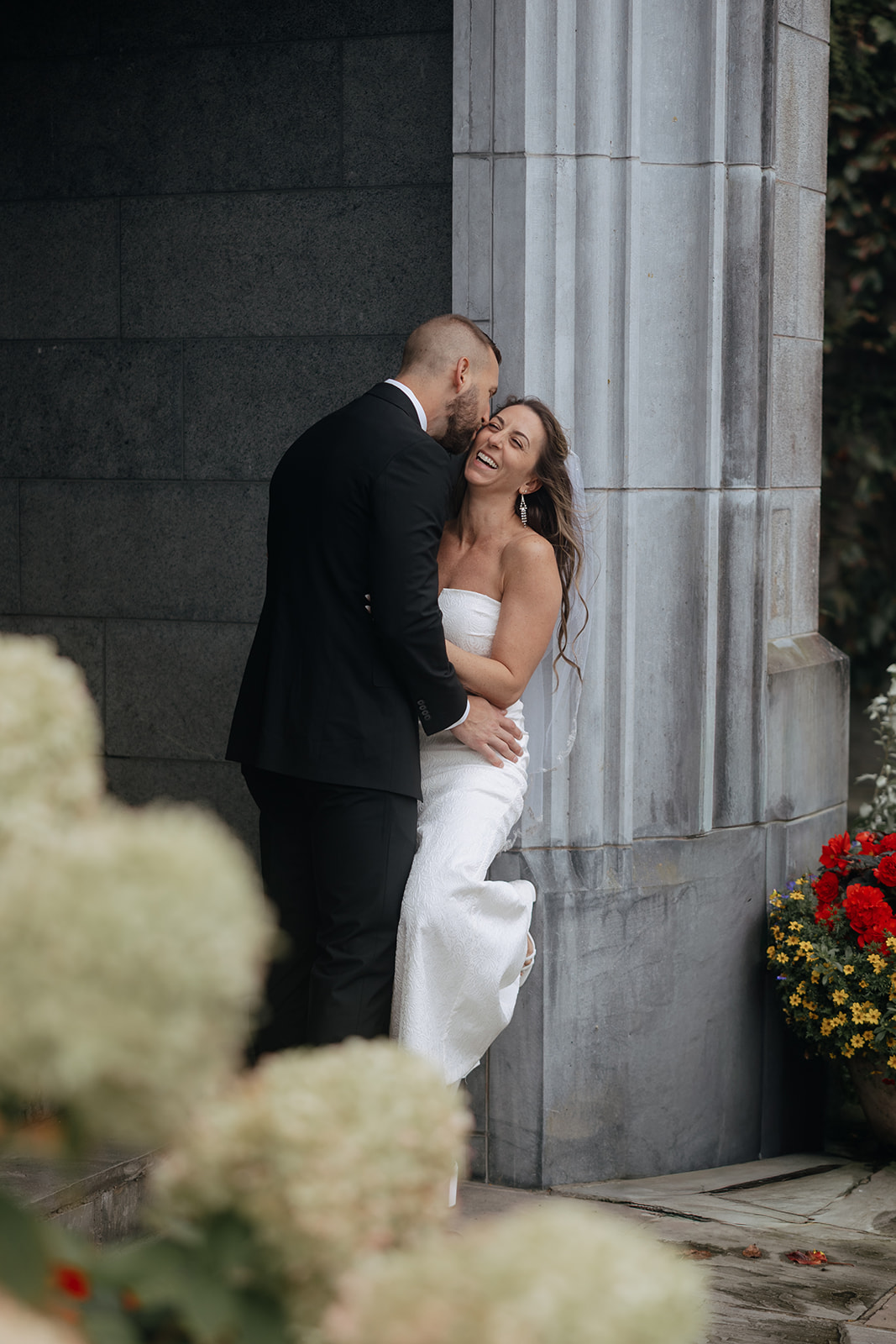 Beautiful couple pose on the castle steps during their stunning Ireland vow renewal