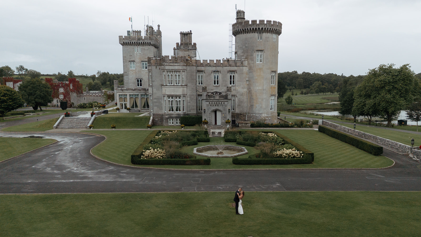 drone shot of a stunning Ireland vow renewal at Dromoland Castle