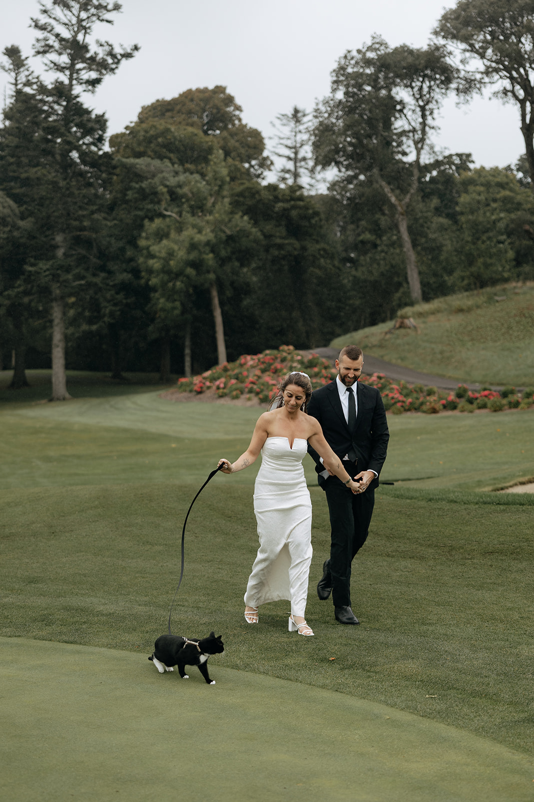 couple walk with their adventure cat