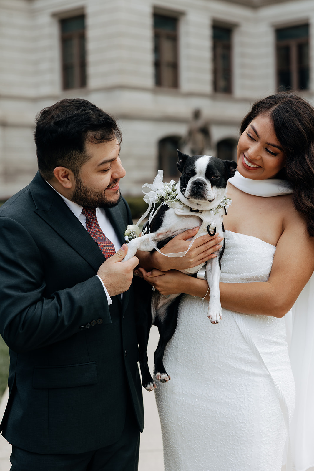 bride and groom hold their beautiful little dog