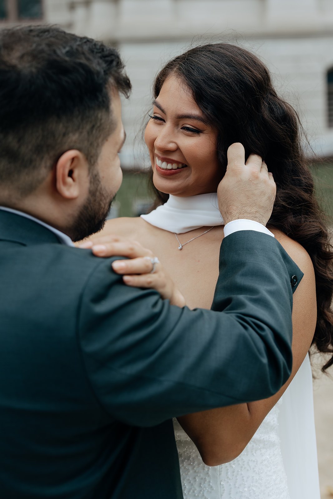 stunning bride and groom share an intimate moment outside during their Georgia state capitol elopement